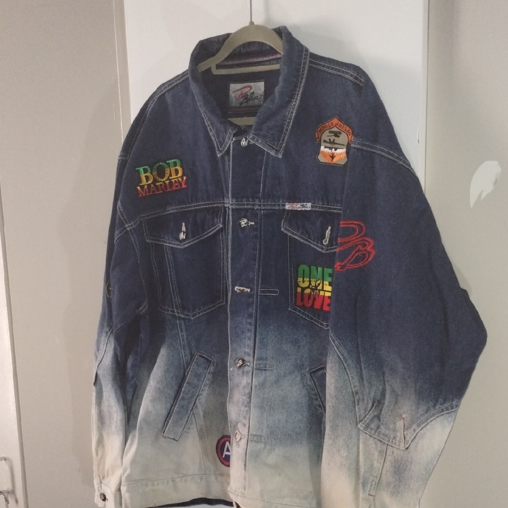 Men's Great Condition ICONIC Bob Marley Denim Jacket - Final Sale Blue and White